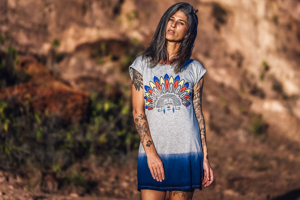 bat wey - Robe manches courtes Wilae - Guyane - Gris chine tie and dye bleu - Model 04